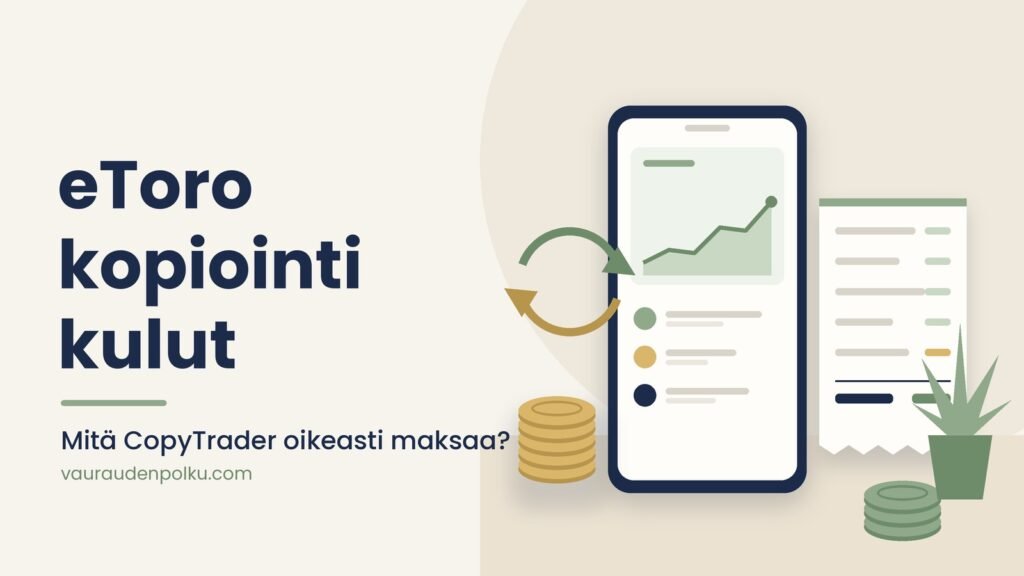 eToro kopiointi kulut: mitä CopyTrader oikeasti maksaa? Kuvitus: puhelimessa salkun kasvukäyrä, valuutanvaihdon nuolet, kuitti ja kolikkopinot sekä teksti eToro kopiointi kulut