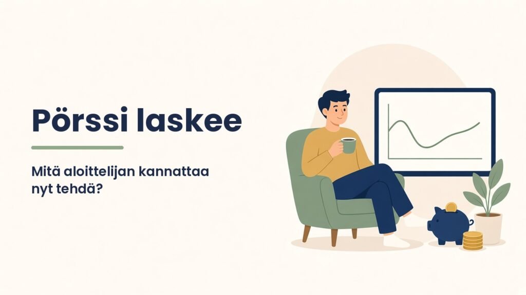 Pörssi laskee – mitä aloittelijan kannattaa nyt tehdä? Rauhallinen mies istuu nojatuolissa teekupin kanssa, vieressä kurssikäyrä joka laskee ja nousee uudelleen sekä säästöpossu ja kolikoita